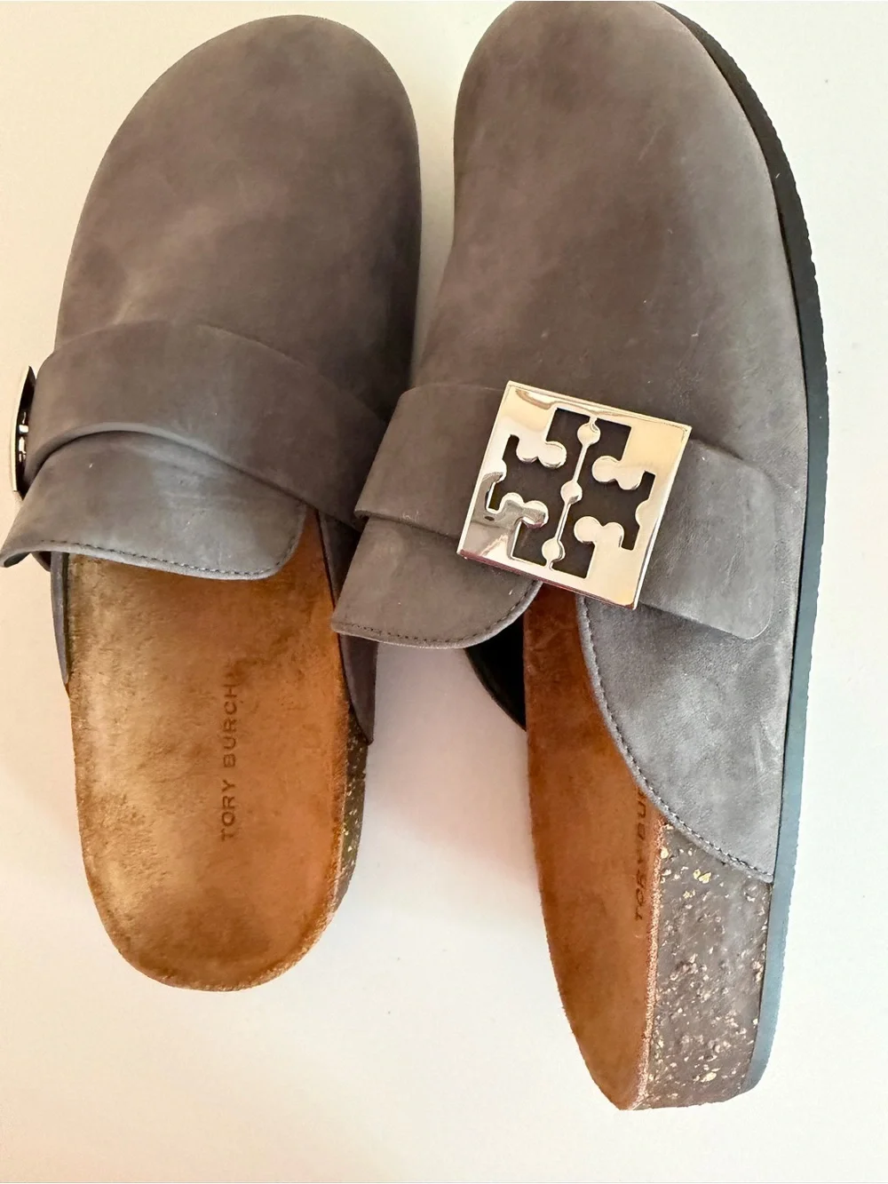 Tory Burch Suede Gray Logo Buckle Slide Mule
